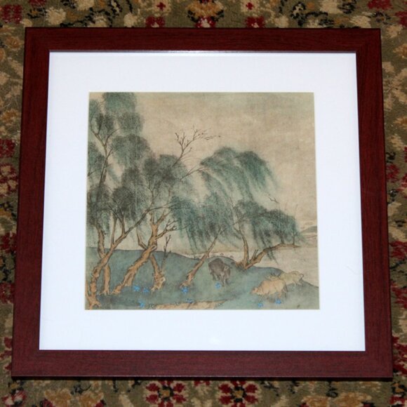Quing Dynasty Willow Trees and Cows Landscape Painting - Picture 1 of 9